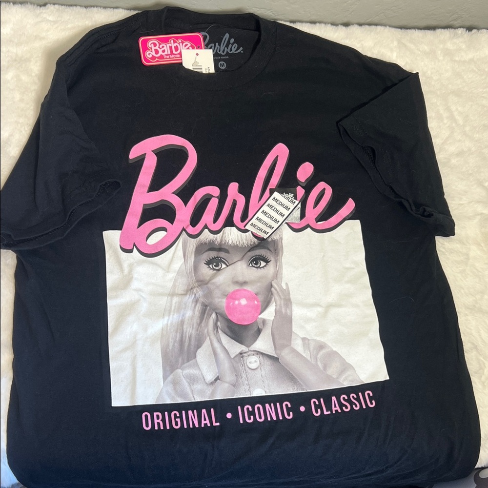 Barbie Black Tee with Pink Logo and Bubble Graphic